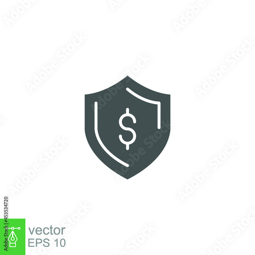 Guarantee financial, protect dollar icon. money insurance with shield. currency wealth badge. savings and investment safety care. Glyph pictogram vector illustration. Design on white background EPS 10