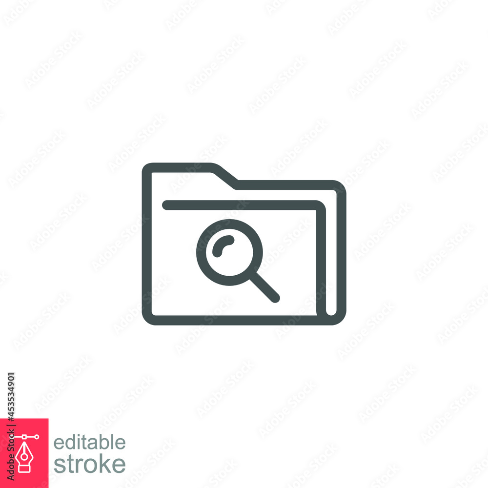Check document with search sign icon. Magnifying glass over the folder. concept of scan or searching for documents or file. Editable stroke Vector illustration. Design on white background. EPS 10 Check document with search sign icon. Magnifying glass over the folder. concept of scan or searching for documents or file. Editable stroke Vector illustration. Design on white background. EPS 10