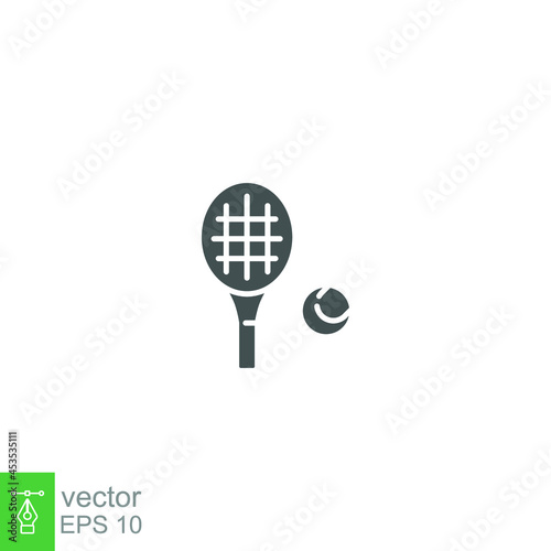 Racket and tennis ball, sport icon. Play Tennis game with racquet. Pictogram solid or glyph style logo symbol for mobile app and website. vector illustration. Design on white background. EPS 10