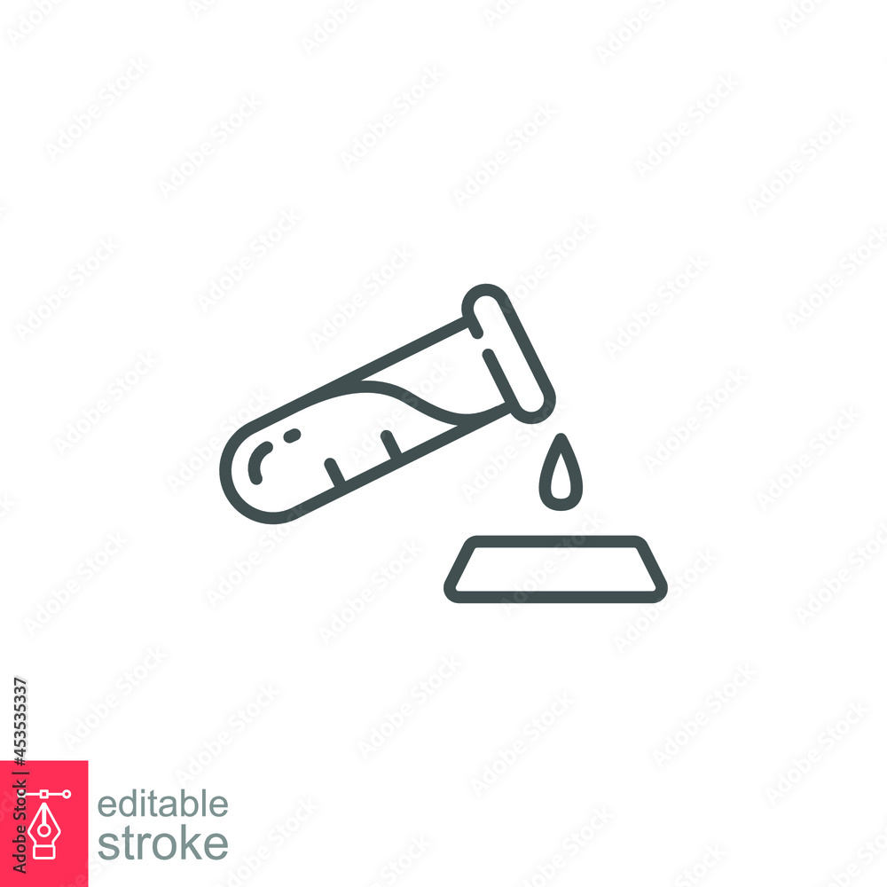 Test tube with drop icon. Medical, chemical reagent. laboratory experiment. Dripping liquid from glass. line, outline pictogram. Editable stroke Vector illustration. Design on white background EPS 10 Test tube with drop icon. Medical, chemical reagent. laboratory experiment. Dripping liquid from glass. line, outline pictogram. Editable stroke Vector illustration. Design on white background EPS 10