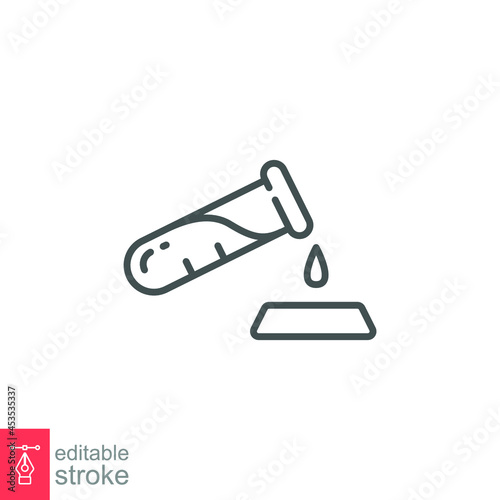 Test tube with drop icon. Medical, chemical reagent. laboratory experiment. Dripping liquid from glass. line, outline pictogram. Editable stroke Vector illustration. Design on white background EPS 10
