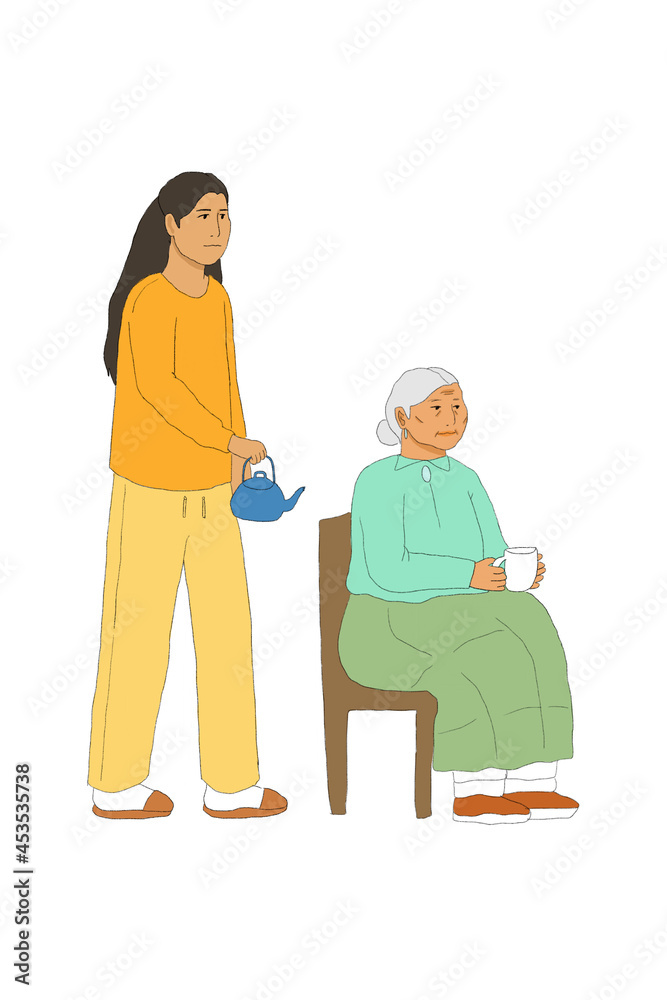 Grandmother sitting with cup of tea and young woman holding tea pot Grandmother sitting with cup of tea and young woman holding tea pot