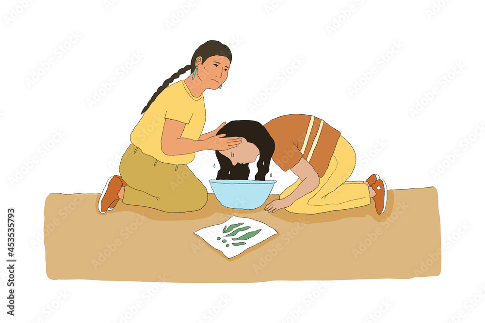 Fototapeta premium Woman washing child's hair in bowl