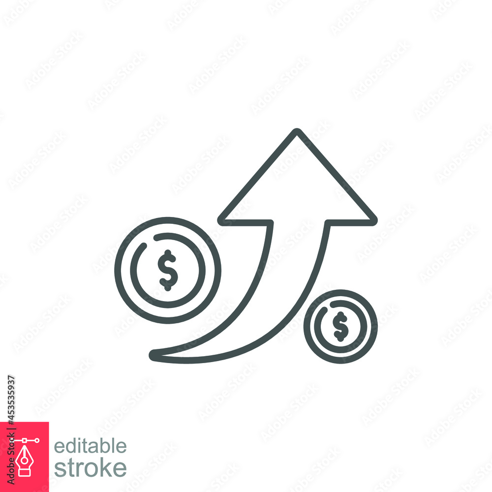 Coins dollar arrow up line icon. Increase dollar rate, investment upwards, capital earnings, growth market concept. Vector illustration isolated on white background. Editable stroke EPS 10 Coins dollar arrow up line icon. Increase dollar rate, investment upwards, capital earnings, growth market concept. Vector illustration isolated on white background. Editable stroke EPS 10