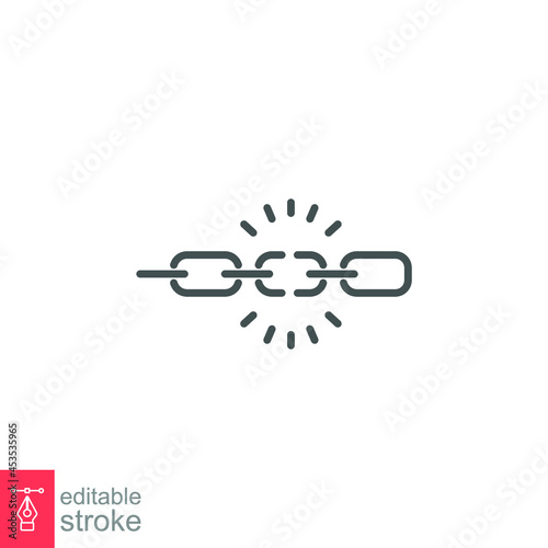 Broken chain line icon. Wreck chain link, torn chain, failure disconnection idea concept. Unlink, disconnected Loop. Editable stroke. Vector illustration. Design on white background. EPS 10