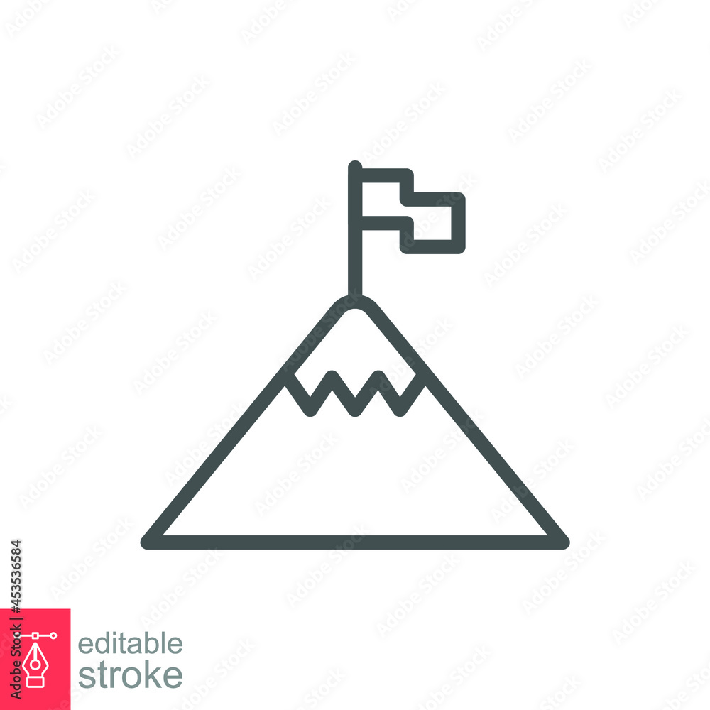 Flag on mountain line icon. Achievement symbol Target peak. Success, leadership Mission goal logo. outline pictogram business. Editable stroke. Vector illustration. Design on white background. EPS 10 Flag on mountain line icon. Achievement symbol Target peak. Success, leadership Mission goal logo. outline pictogram business. Editable stroke. Vector illustration. Design on white background. EPS 10