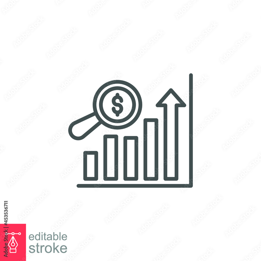 Sales forecasting outline icon. Analytics financial, business analysis. magnifying glass, bar graph observation budget estimate. Editable stroke Vector illustration Design on white background EPS 10 Sales forecasting outline icon. Analytics financial, business analysis. magnifying glass, bar graph observation budget estimate. Editable stroke Vector illustration Design on white background EPS 10