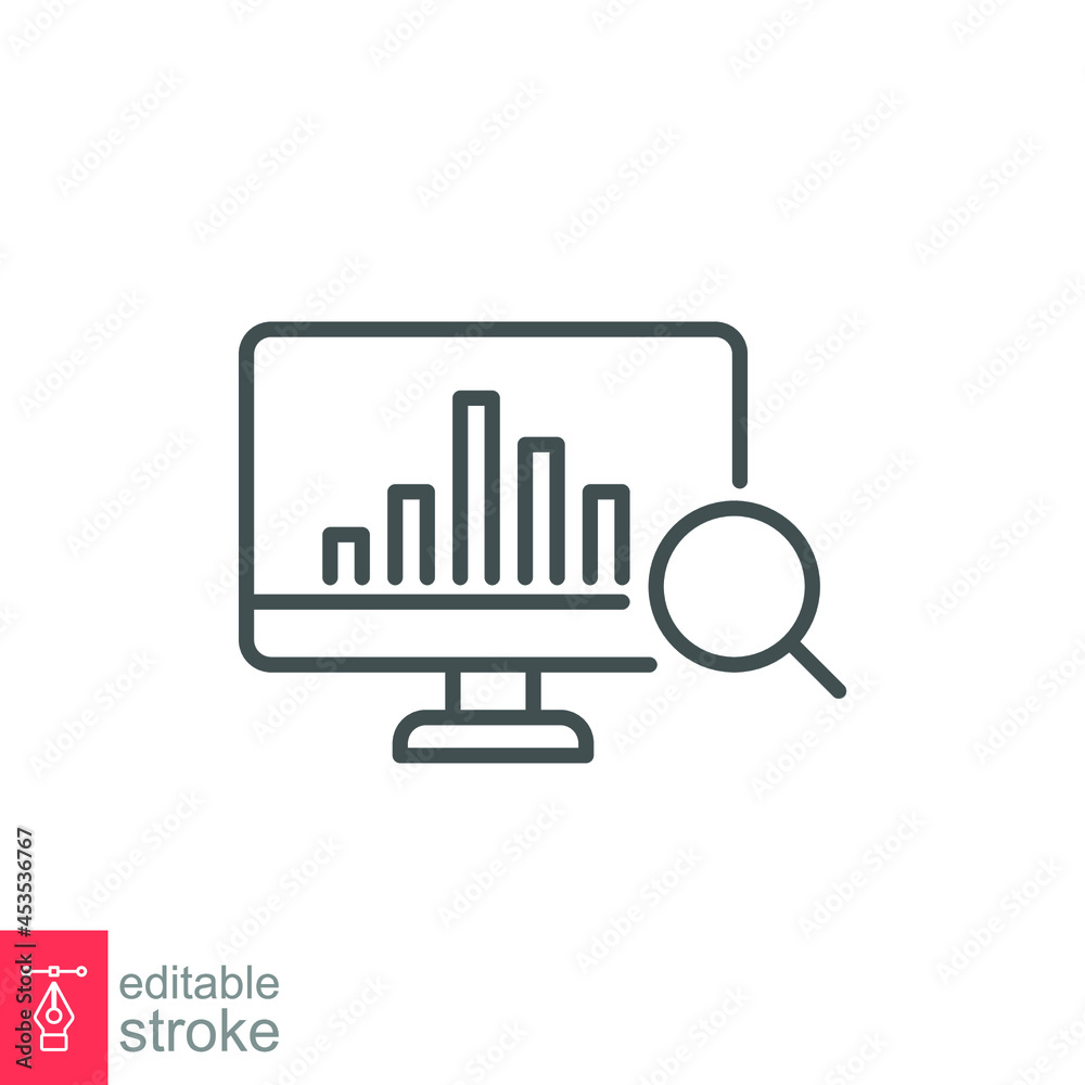 Sales index line icon. Magnifying glass revenue sale chart statistics analysis process of Financial business productivity improvement Editable stroke vector illustration design, white background EPS10 Sales index line icon. Magnifying glass revenue sale chart statistics analysis process of Financial business productivity improvement Editable stroke vector illustration design, white background EPS10