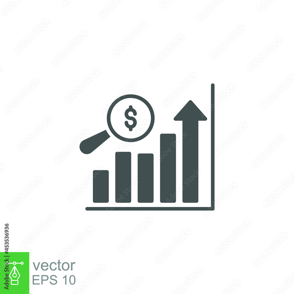 Sales forecasting solid icon. Analytics financial, business analysis. Magnifying glass, bar graph observation budget estimate. Flat pictogram. Vector illustration. Design on white background EPS 10 Sales forecasting solid icon. Analytics financial, business analysis. Magnifying glass, bar graph observation budget estimate. Flat pictogram. Vector illustration. Design on white background EPS 10