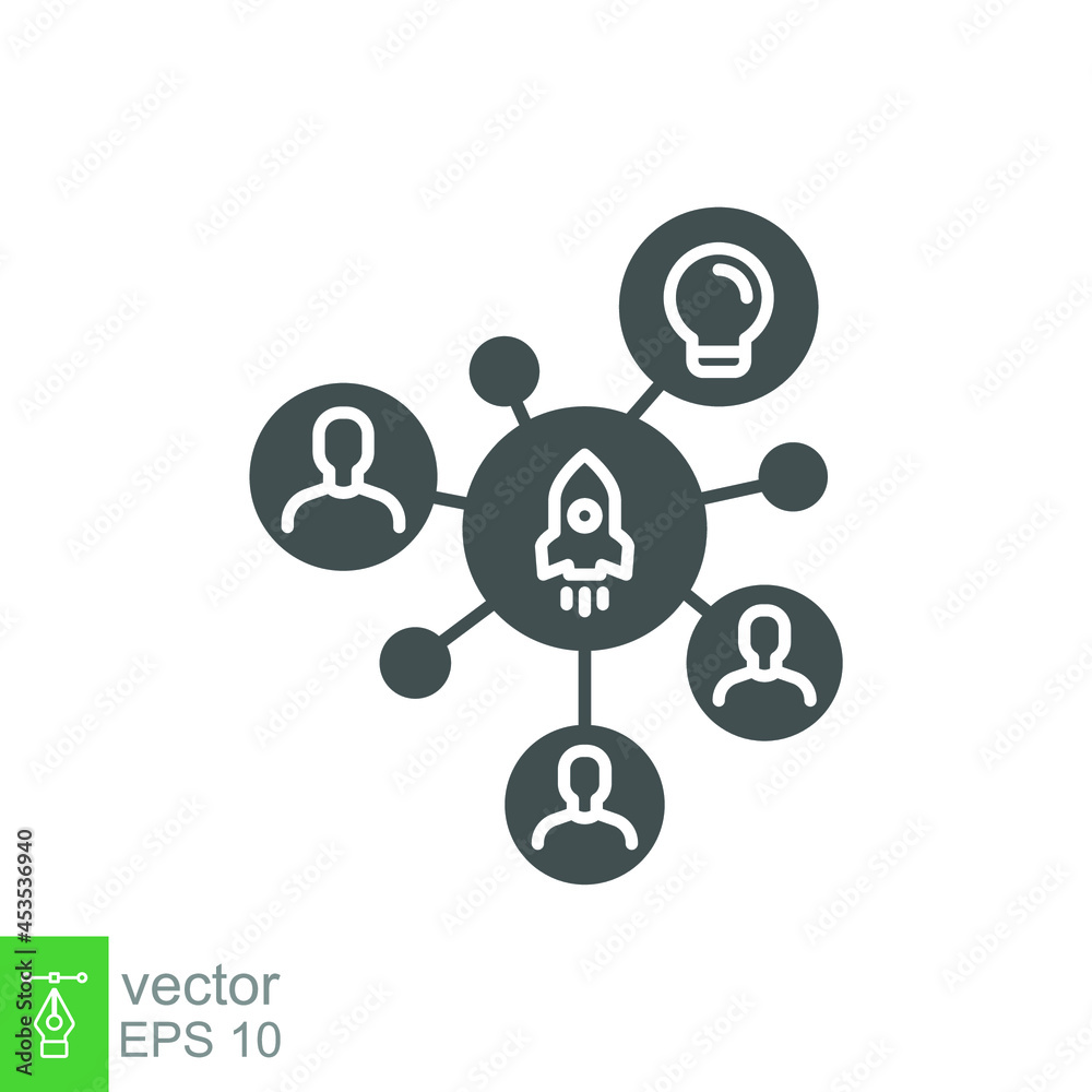 Startup hub glyph icon. Rocket launch and group networking for business startup incubator. Online crowdfunding, entrepreneurship. Flat pictogram. vector illustration design on white background EPS 10 Startup hub glyph icon. Rocket launch and group networking for business startup incubator. Online crowdfunding, entrepreneurship. Flat pictogram. vector illustration design on white background EPS 10
