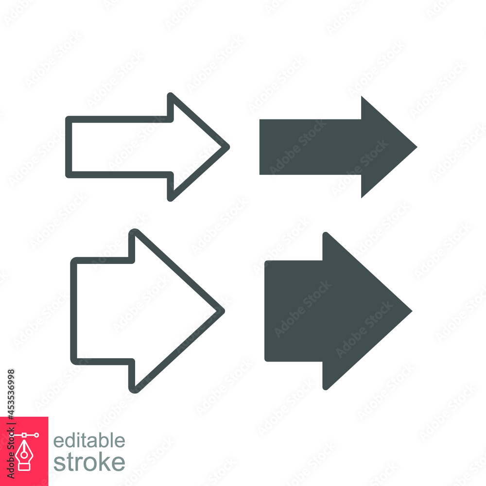 Arrow vector right sign isolated direction icon black simple next button line and glyph. Different Arrows for business infographic Editable stroke vector illustration design on white background EPS 10 Arrow vector right sign isolated direction icon black simple next button line and glyph. Different Arrows for business infographic Editable stroke vector illustration design on white background EPS 10