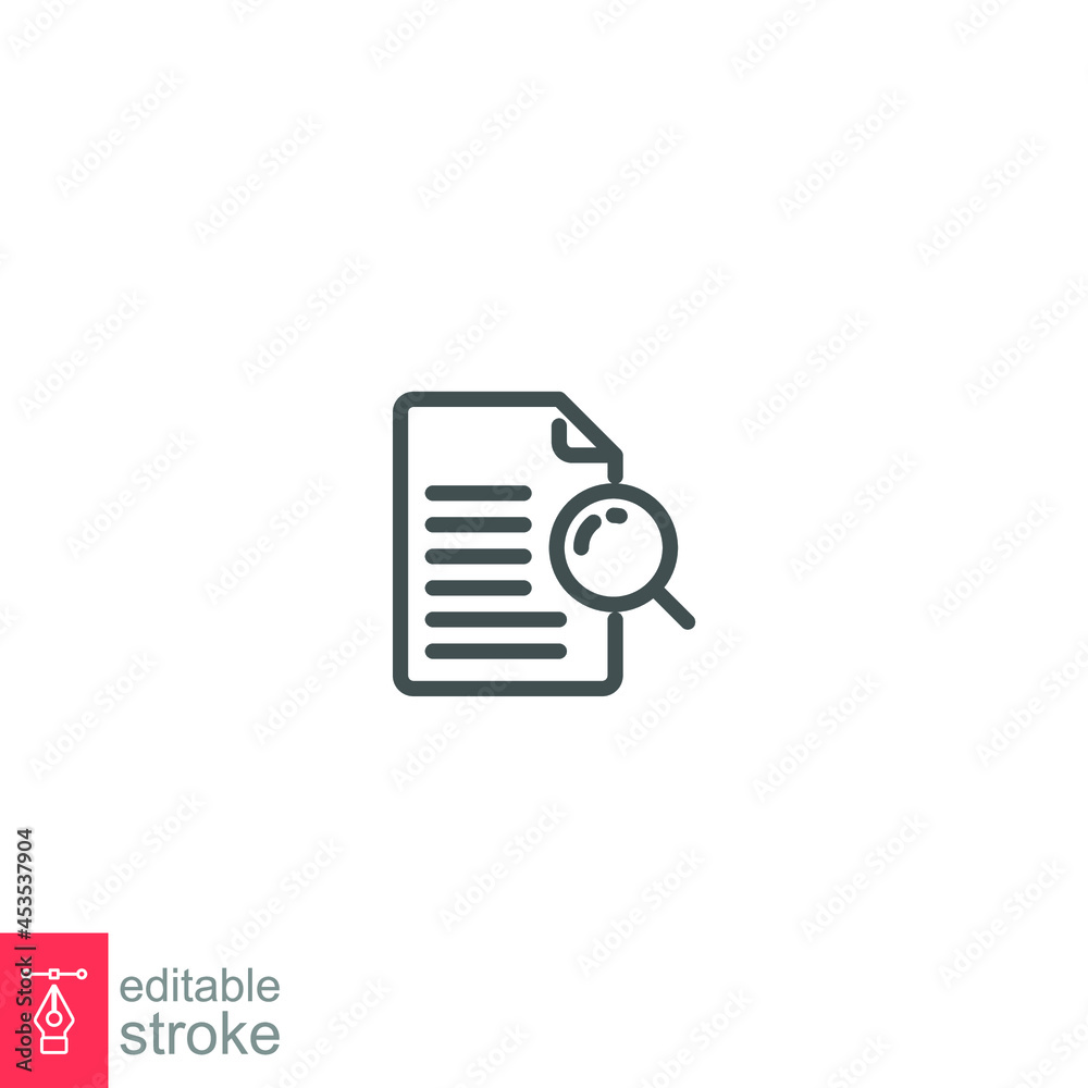 Case study line icon. Research document. Paper with Magnifying glass. File Project analysis Logo pictogram in outline symbol. Editable stroke Vector illustration design on white background. EPS 10 Case study line icon. Research document. Paper with Magnifying glass. File Project analysis Logo pictogram in outline symbol. Editable stroke Vector illustration design on white background. EPS 10