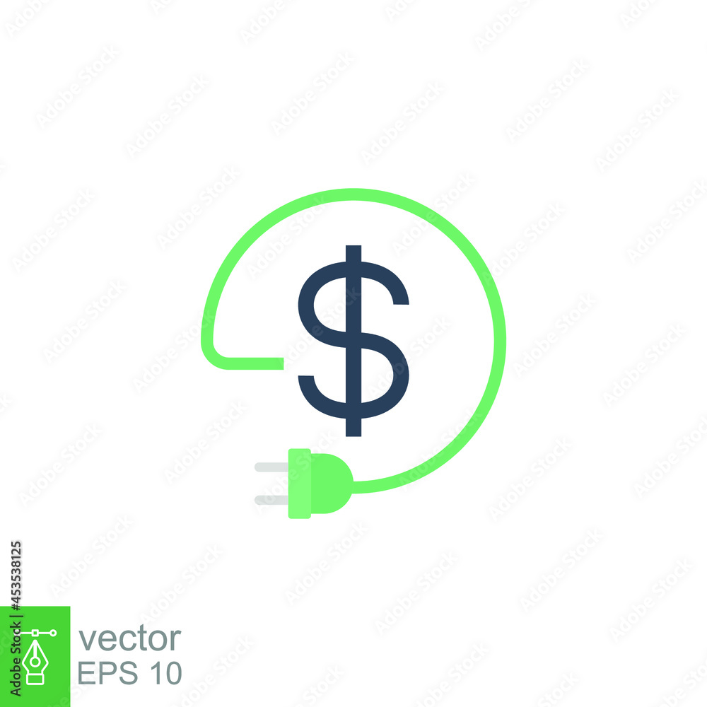Flat Design Style Eco energy cost save money icon. Energy reduction cost Dollar Power Efficiency. Adapter cable charger dollar for green economy. vector illustration design on white background EPS 10 Flat Design Style Eco energy cost save money icon. Energy reduction cost Dollar Power Efficiency. Adapter cable charger dollar for green economy. vector illustration design on white background EPS 10