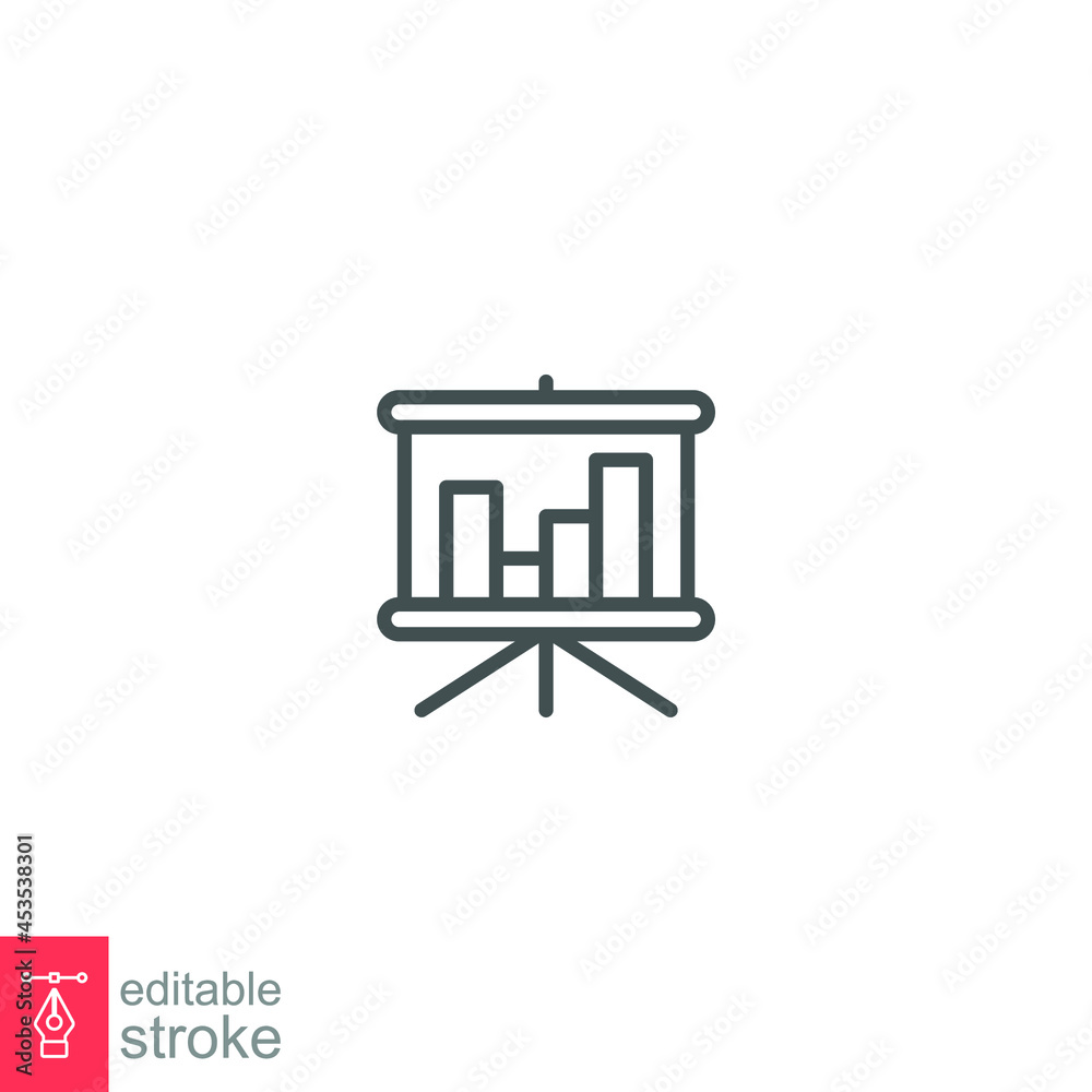Business presentation stand icon. Demonstrate at blackboard concept. Presentation billboard sign. Scheme Diagram symbol. Business Editable stroke. Vector illustration design on white background EPS 10 Business presentation stand icon. Demonstrate at blackboard concept. Presentation billboard sign. Scheme Diagram symbol. Business Editable stroke. Vector illustration design on white background EPS 10