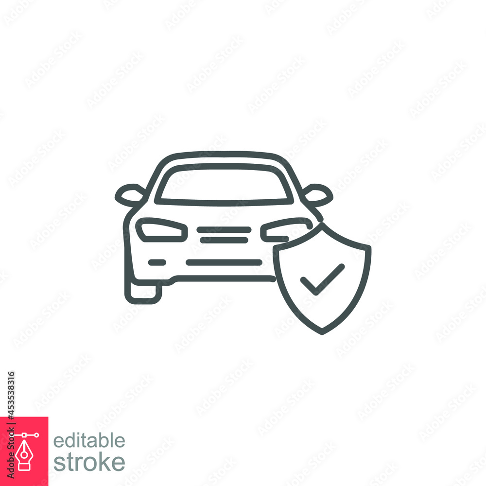 Obraz premium Car protection emblem solid icon. Car insurance business service, Shield protection logo of transportation vehicle care symbol. Editable stroke Vector illustration design on white background. EPS 10