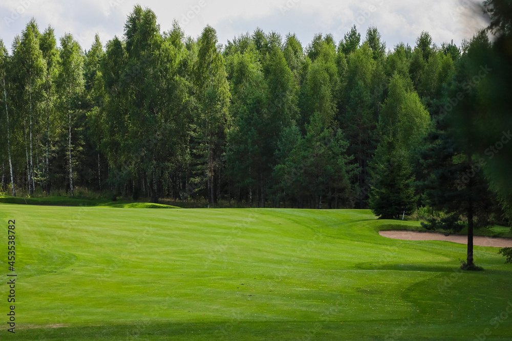 Golf course, landscape, green grass on the background of the forest and a bright sky with clouds. High quality photo Golf course, landscape, green grass on the background of the forest and a bright sky with clouds. High quality photo