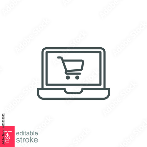 Online store ecommerce solid icon. Open laptop with screen for buy, sell in retail market concept of online shopping Can use for web infographics Vector illustration design on white background EPS 10