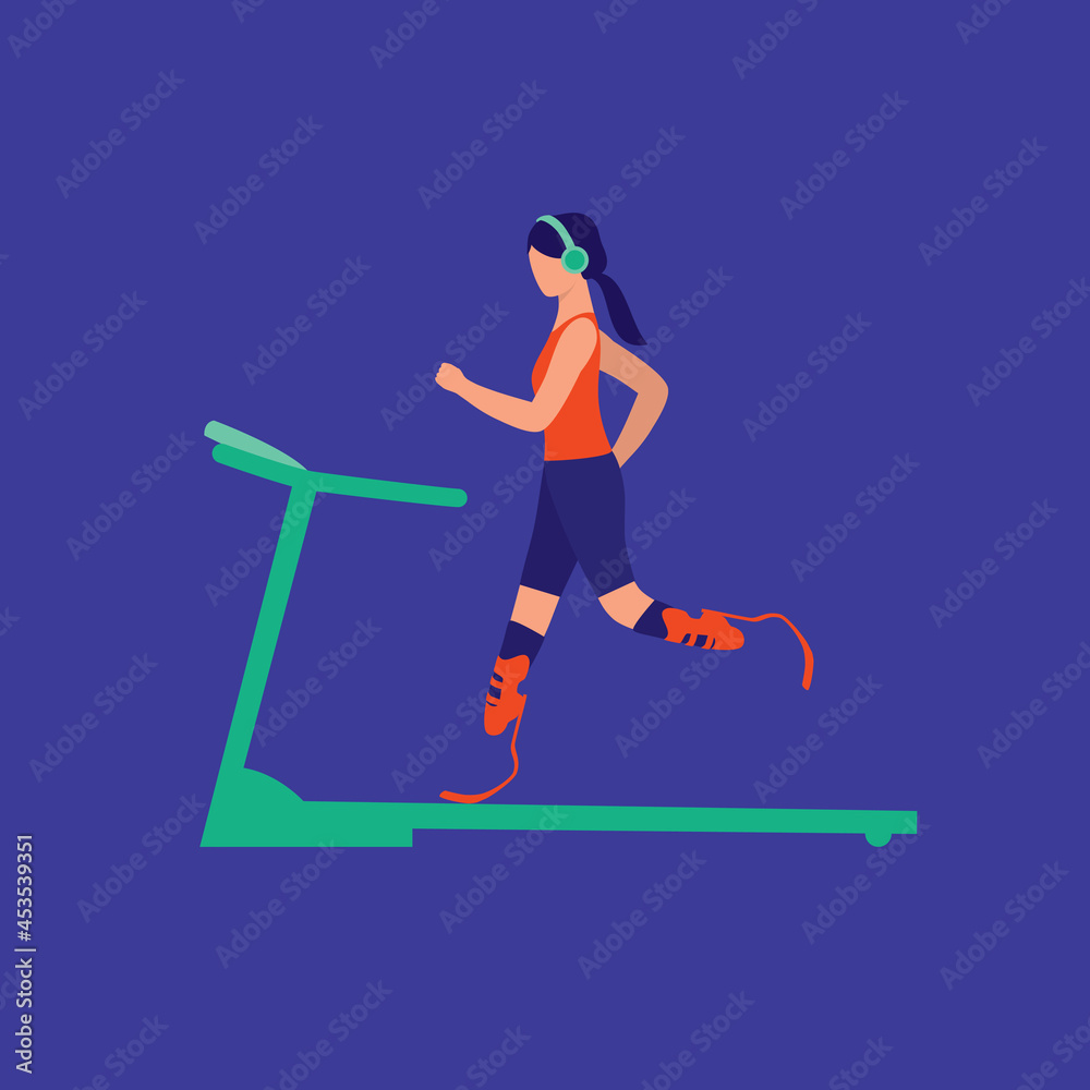 Fototapeta premium Young Woman With Prosthetic Leg Listening To Music While Jogging On Treadmill Machine. Athlete With Disabilities.