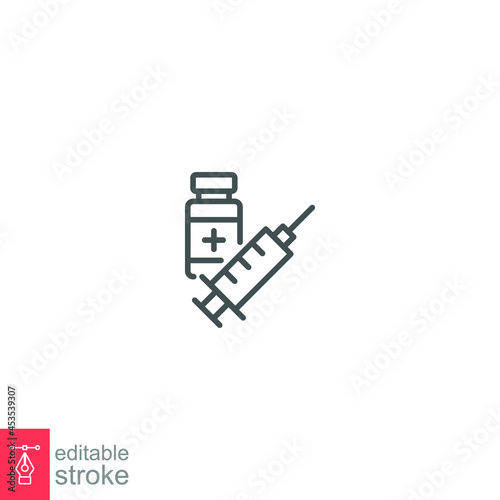 Vaccination Syringe immunization line icon. coronavirus covid-19 pandemic vaccine ampoule. Bottle with a solution for injection Editable stroke Vector illustration design on white background EPS 10