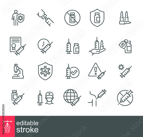 Vaccine against Virus Icon Set. Coronavirus Vaccination in Shoulder time, Medical syringe, immunization bottle, suction, Needle, Vial, shot injection. Editable stroke Vector illustration design EPS 10