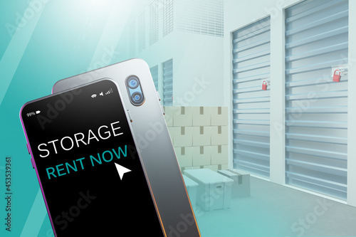 Rental storage units on phone. Application for rental sorage units. Smartphone next to warehouse corridors. Blurred warehouse units in background. Warehouse business application. 3d rendering photo