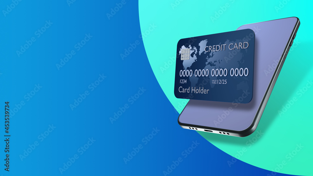 Credit card and phone. Paypass system concept. Payments in mobile applications. Online payment metaphor. Payment by credit card on Internet. Space for text on blue background. Fin tech. 3d rendering