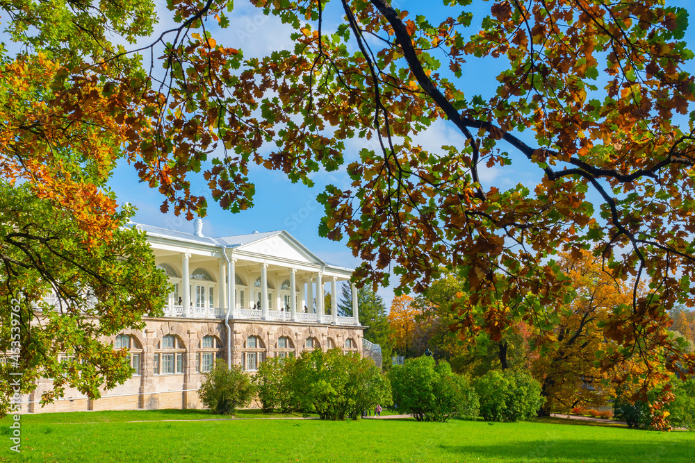 Landscape Tsarskoe Selo. Regions of Russia. Cameron Gallery in city of Pushkin.  nature of Catherine Park.  architecture of city of Pushkin. Guide to Tsarskoe Selo. Sights of cities of Russia.