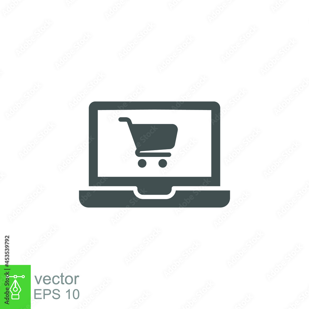 Online store ecommerce solid icon. Open laptop with screen for buy, sell in retail market concept of online shopping Can use for web infographics Vector illustration design on white background EPS 10 Online store ecommerce solid icon. Open laptop with screen for buy, sell in retail market concept of online shopping Can use for web infographics Vector illustration design on white background EPS 10