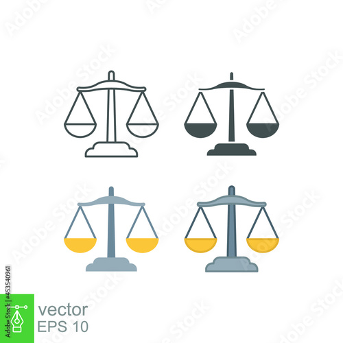 Balance lawyer icon. Law firm logo scale. Equilibrium Scale Balance, Justice symbol for web site or mobile app. Solid, flat, solid, outline style vector illustration. design on white background EPS 10