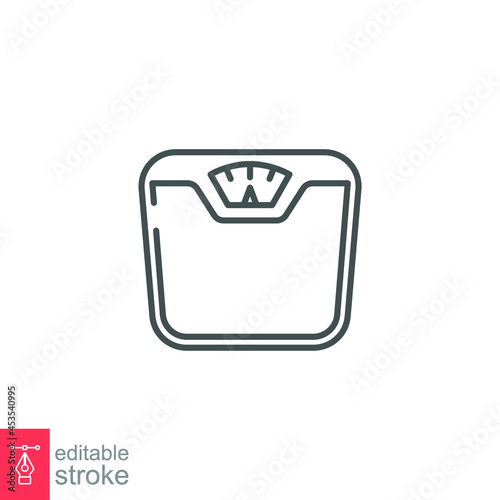 Weight scale icon. Bathroom scale for obesity control. Fat mass device machine logo. Body dieting logo in outline style pictogram. Editable stroke Vector illustration design on white background EPS10