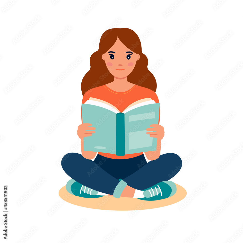 Woman reading book while sitting. Learning and literacy day concept. Cute vector illustration in flat cartoon style. Female reading book
