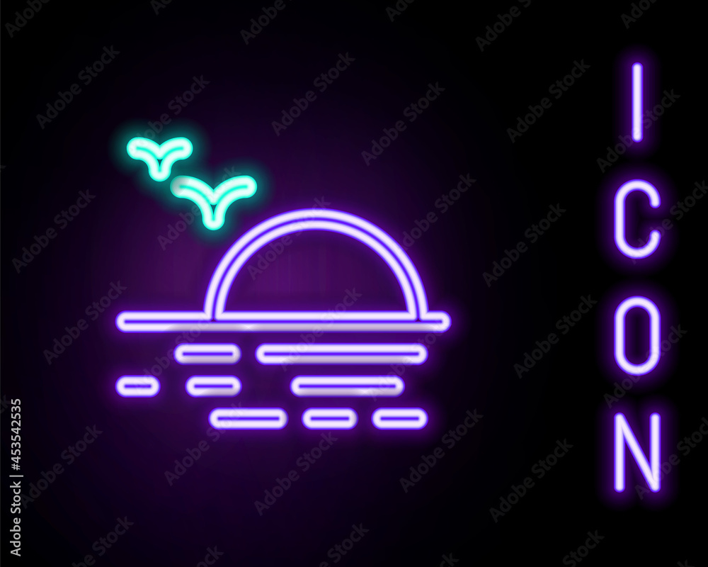 Glowing neon line Sunset icon isolated on black background. Colorful outline concept. Vector Glowing neon line Sunset icon isolated on black background. Colorful outline concept. Vector