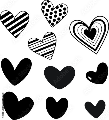 Collection of many styles of hearts. on a white background