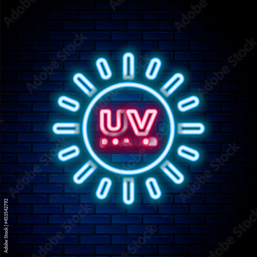 Glowing neon line UV protection icon isolated on brick wall background. Ultra violet rays radiation. SPF sun sign. Colorful outline concept. Vector