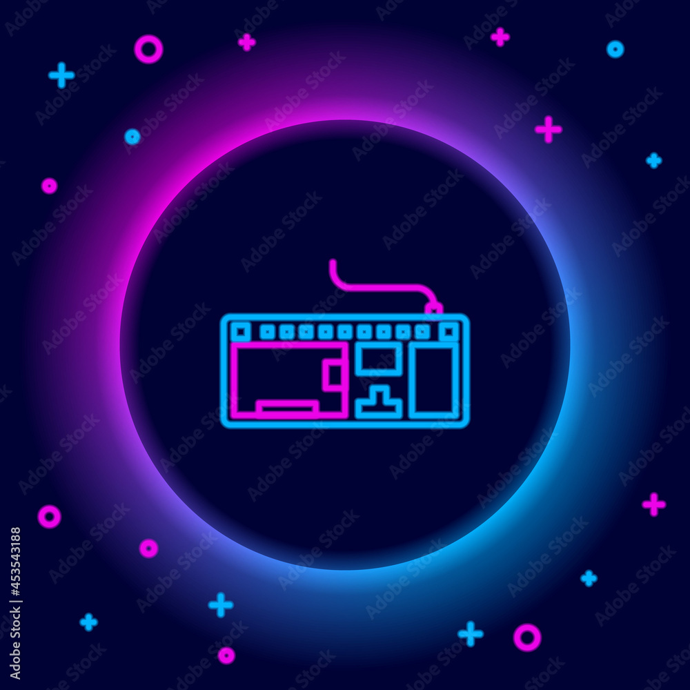 Glowing neon line Computer keyboard icon isolated on black background. PC component sign. Colorful outline concept. Vector Glowing neon line Computer keyboard icon isolated on black background. PC component sign. Colorful outline concept. Vector