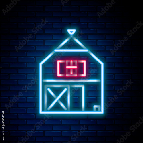 Glowing neon line Farm House concept icon isolated on brick wall background. Rustic farm landscape. Colorful outline concept. Vector