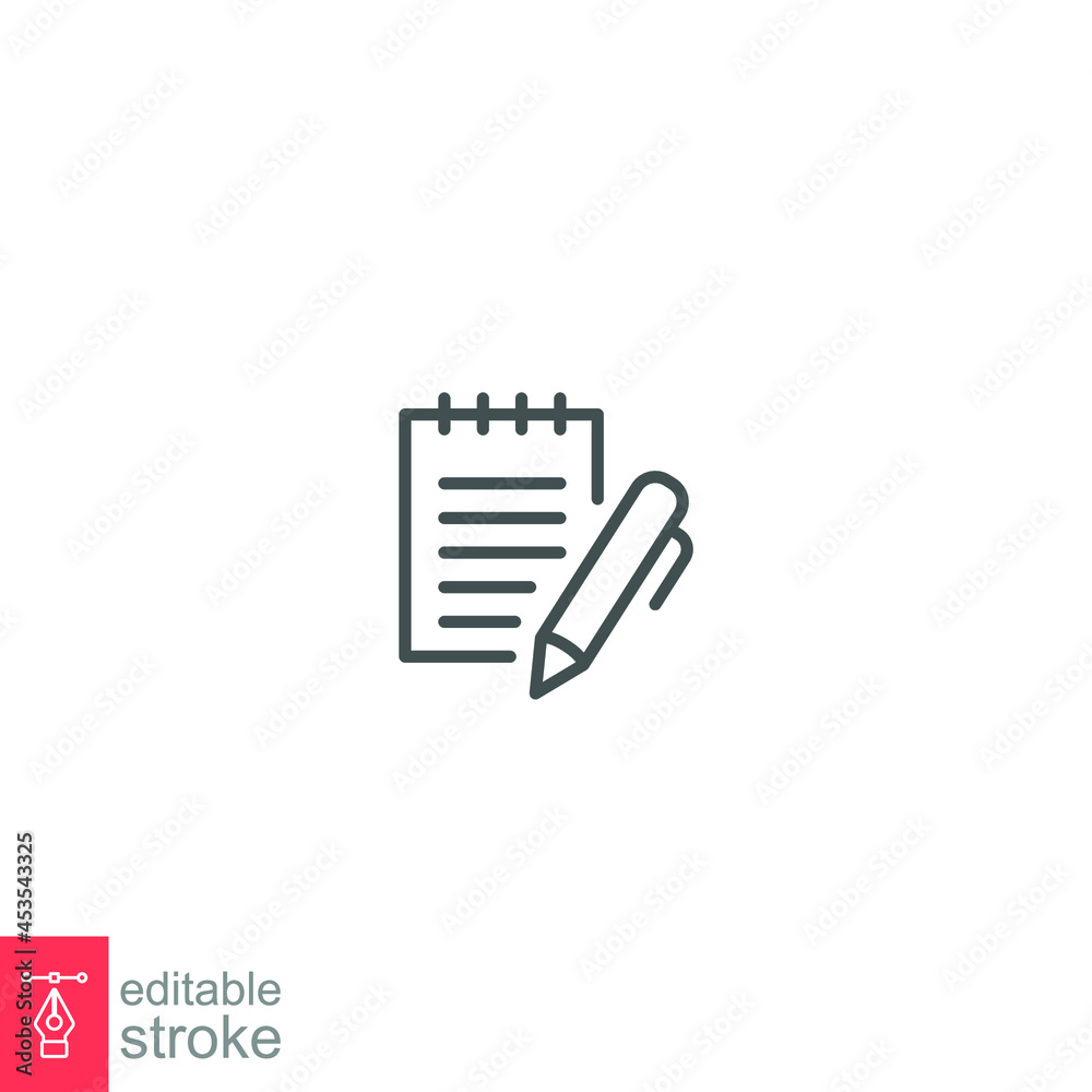 notebook with pen icon, write text paper. Notepad Symbol. Office and school. Business education workplace paperwork outline style editable stroke vector illustration design on white background. EPS 10 notebook with pen icon, write text paper. Notepad Symbol. Office and school. Business education workplace paperwork outline style editable stroke vector illustration design on white background. EPS 10