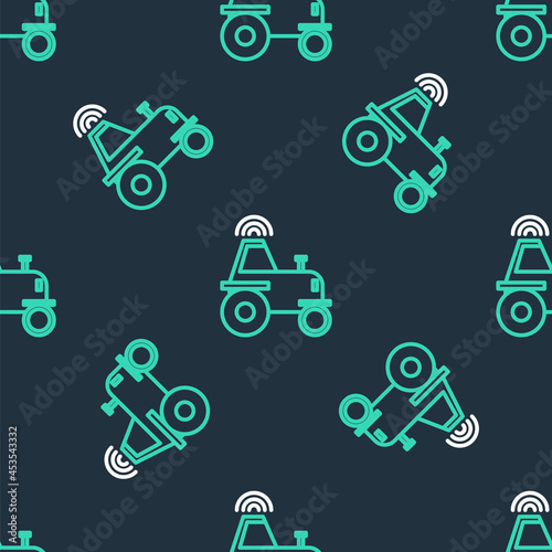 Line Self driving wireless tractor on a smart farm icon isolated seamless pattern on black background. Smart agriculture implement element. Vector