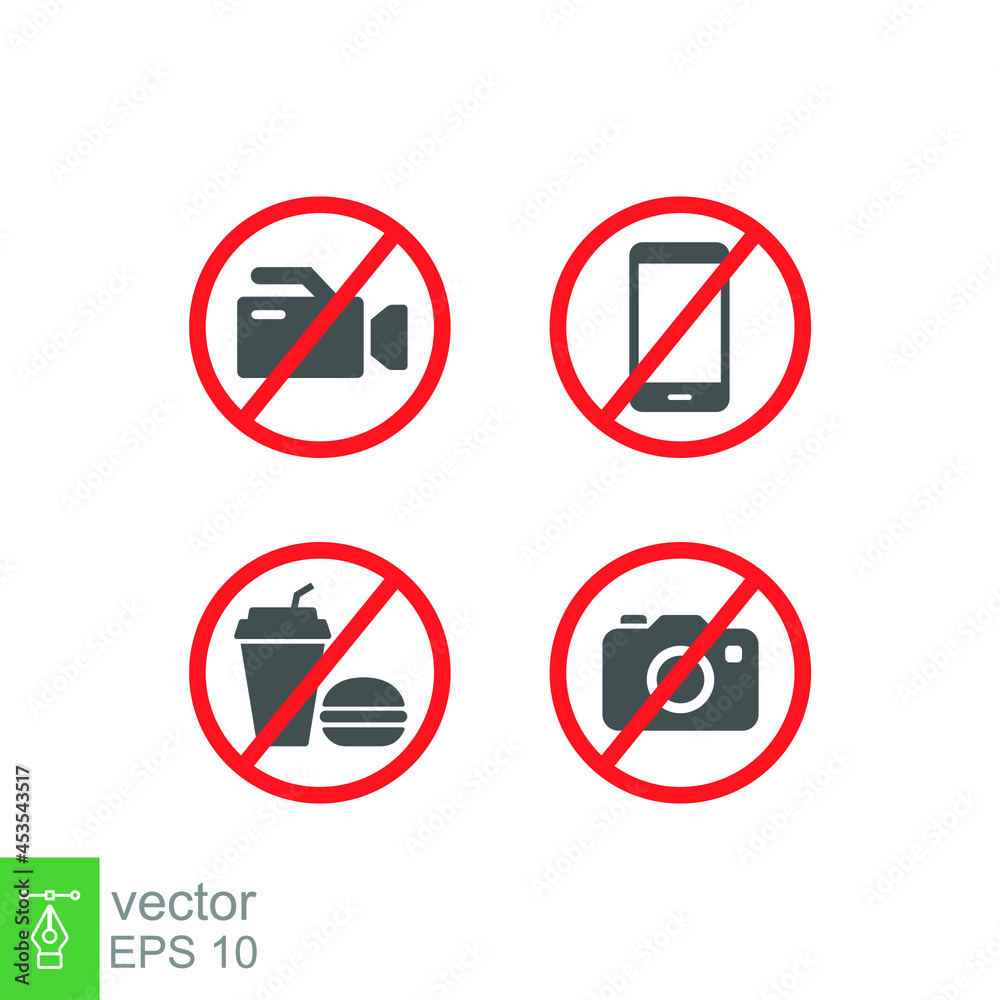 prohibition no camera, no mobile phone, no video recording, no food and drink signboard icon. flat style. Prohibited Stop fast food warning sign. vector illustration design on white background. EPS 10 prohibition no camera, no mobile phone, no video recording, no food and drink signboard icon. flat style. Prohibited Stop fast food warning sign. vector illustration design on white background. EPS 10