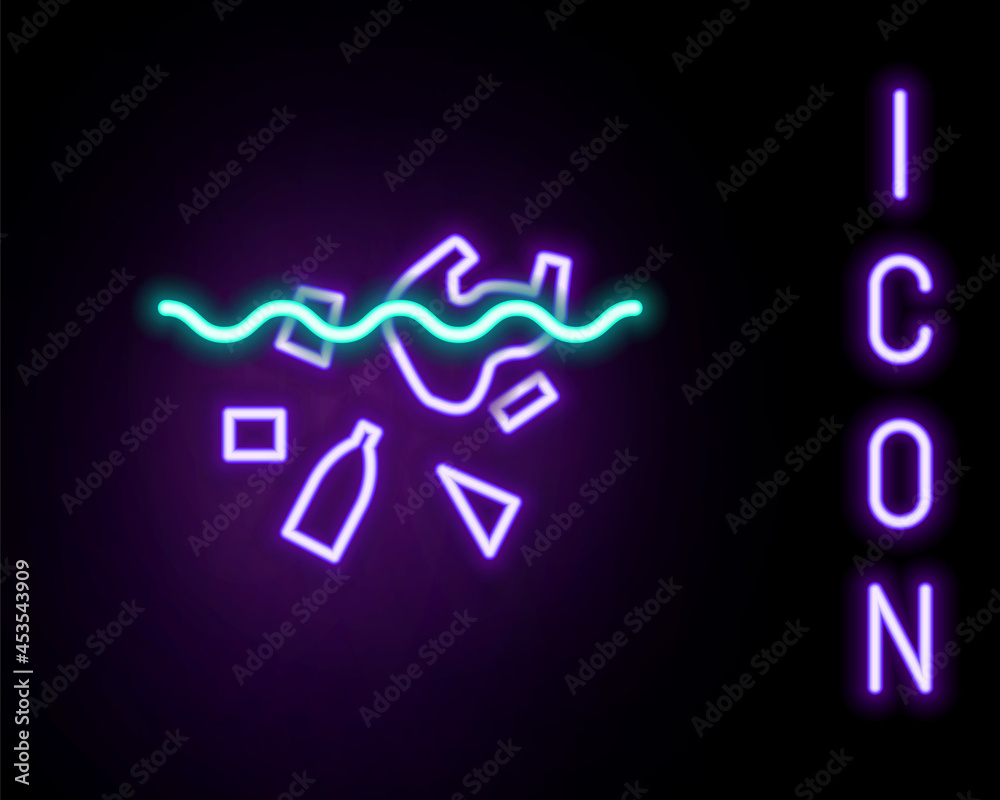 Glowing neon line The problem of pollution of the ocean icon isolated on black background. The garbage, plastic, bags on the sea. Colorful outline concept. Vector