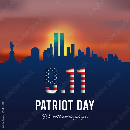 Patriot day background, New York City skyline and American grunge flag. Vector
