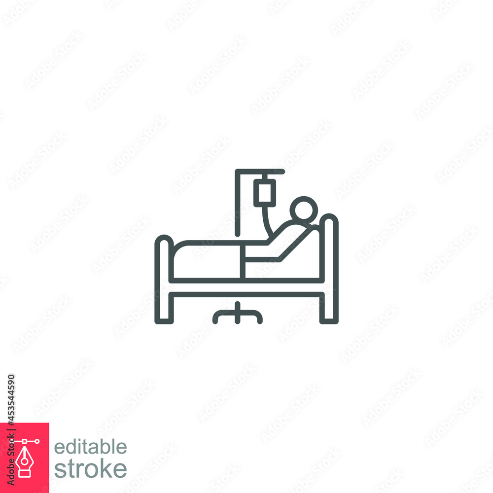 Patient bed icon. Medical treatment. Person in hospital bed. Man having infusion. lying on stretcher bed, recovery outline style editable stroke. Vector illustration Design on white background EPS 10 Patient bed icon. Medical treatment. Person in hospital bed. Man having infusion. lying on stretcher bed, recovery outline style editable stroke. Vector illustration Design on white background EPS 10