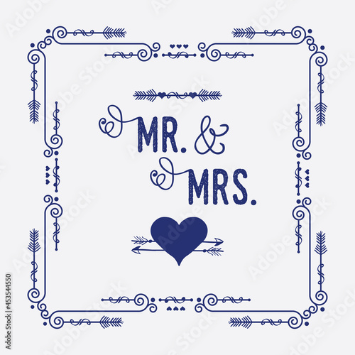 Navy blue swirl art deco square border frame pattern greeting card with words Mr. and Mrs. , cute heart and two arrows sign icons