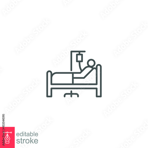 Patient bed icon. Medical treatment. Person in hospital bed. Man having infusion. lying on stretcher bed, recovery outline style editable stroke. Vector illustration Design on white background EPS 10 