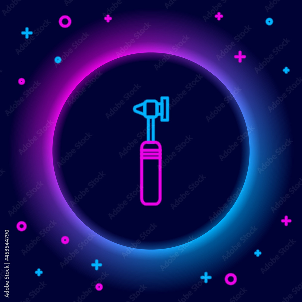Glowing neon line Medical otoscope tool icon isolated on black background. Medical instrument. Colorful outline concept. Vector Glowing neon line Medical otoscope tool icon isolated on black background. Medical instrument. Colorful outline concept. Vector