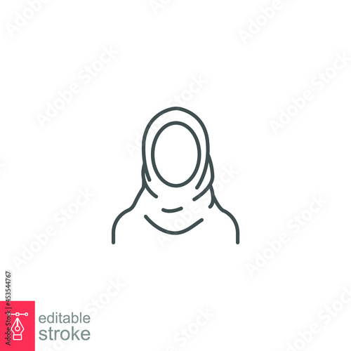 Women hijab icon, saudi arab, lady, female, islam. Beautiful muslim girl avatar. head scarf Eastern Women's Clothing logo. editable stroke. Vector illustration. Design on white background. EPS 10
