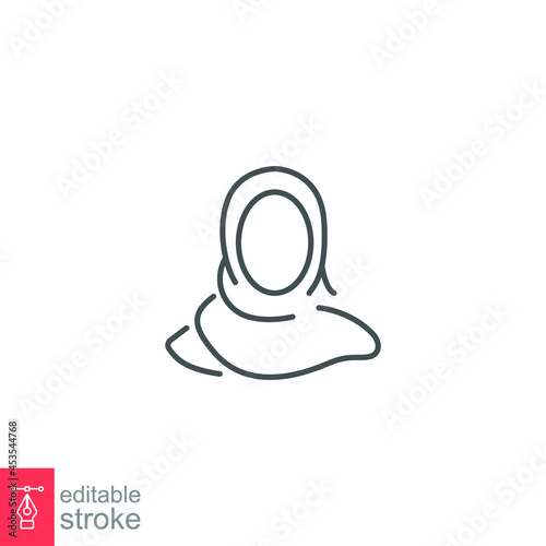 Women hijab icon, saudi arab, lady, cover female, islam. Beautiful muslim girl avatar. head scarf Eastern Women's Clothing logo. editable stroke Vector illustration. Design on white background. EPS 10