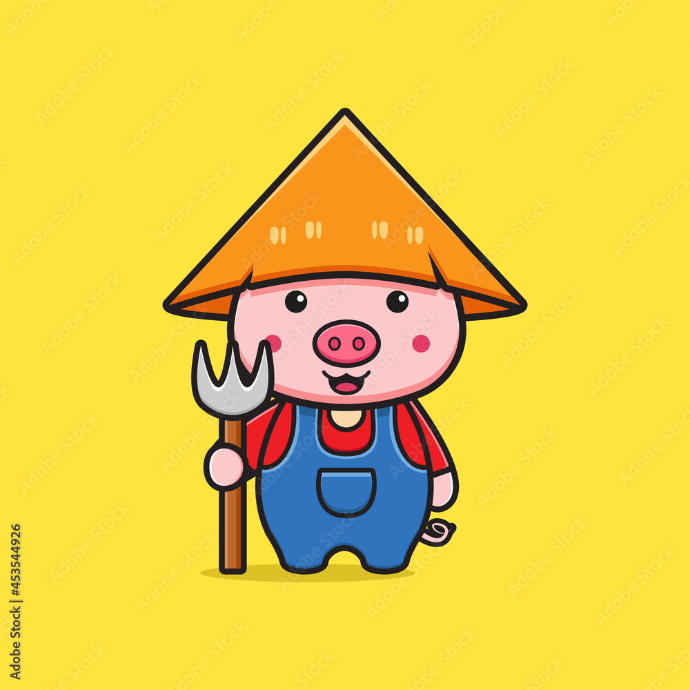 Cute pig farmer holding farm fork cartoon icon illustration