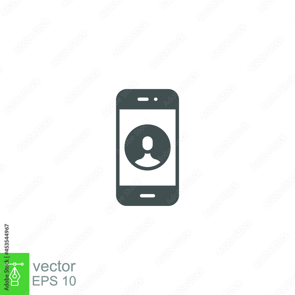 Mobile account glyph icon, create new my profile for profile network. user page in social network template. avatar personal contact pictogram. vector illustration. design on white background. EPS 10