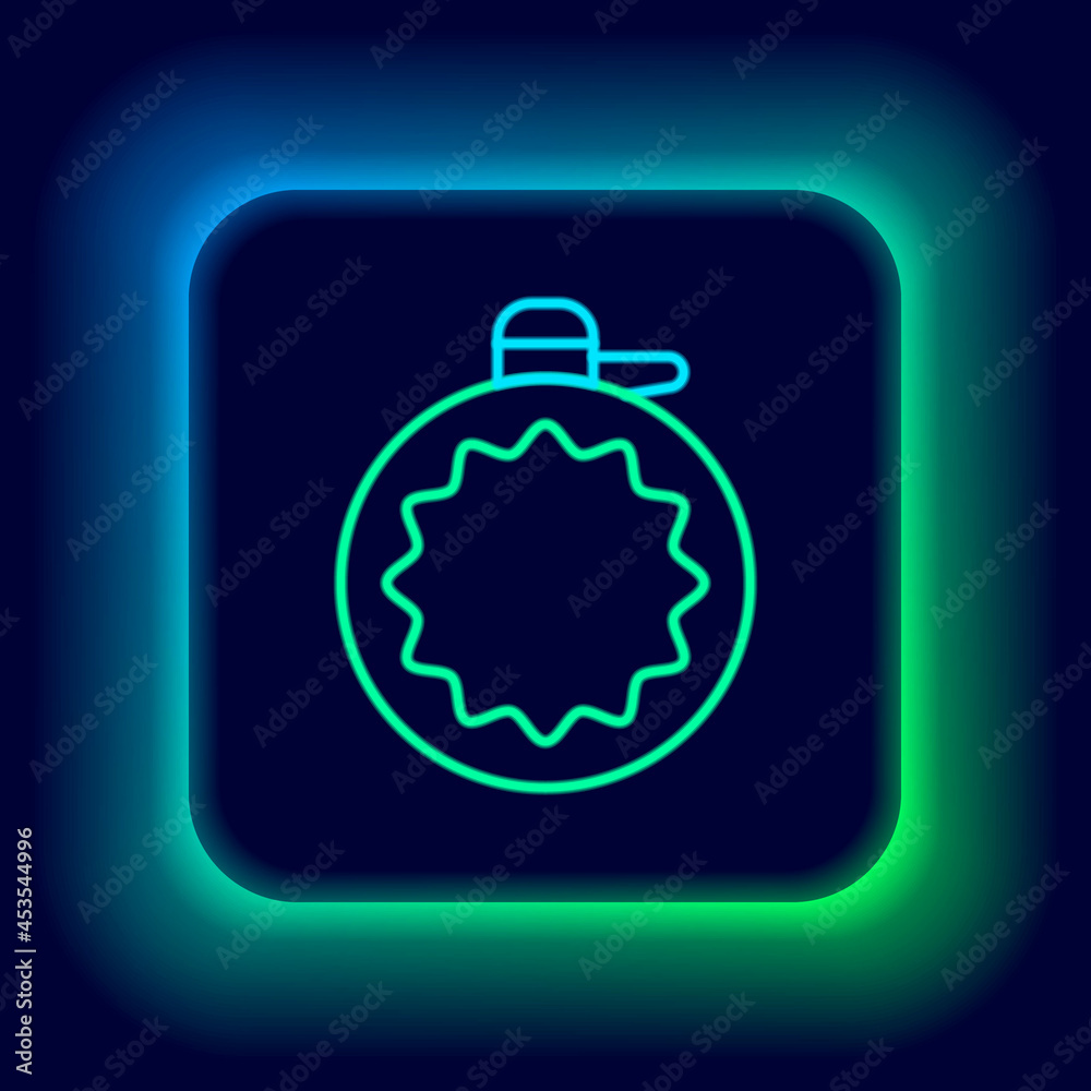 Obraz premium Glowing neon line Canteen water bottle icon isolated on black background. Tourist flask icon. Jar of water use in the campaign. Colorful outline concept. Vector